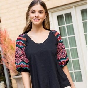 Thml Womens Embroidered Sleeve Black Top Size Medium Anthropologie